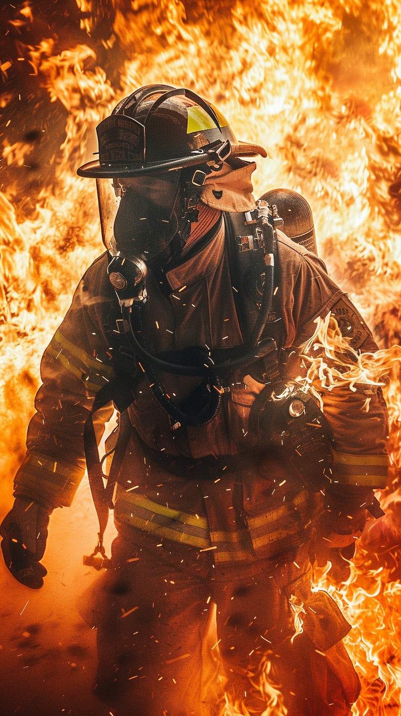 Firefighter in full gear battling blaze with hose